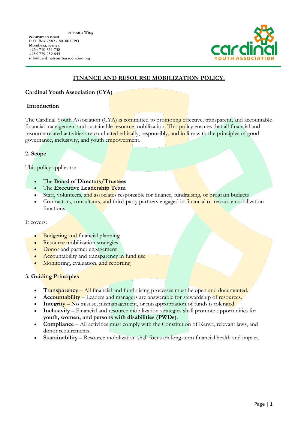Finance & Resource Mobilization Policy — page 1